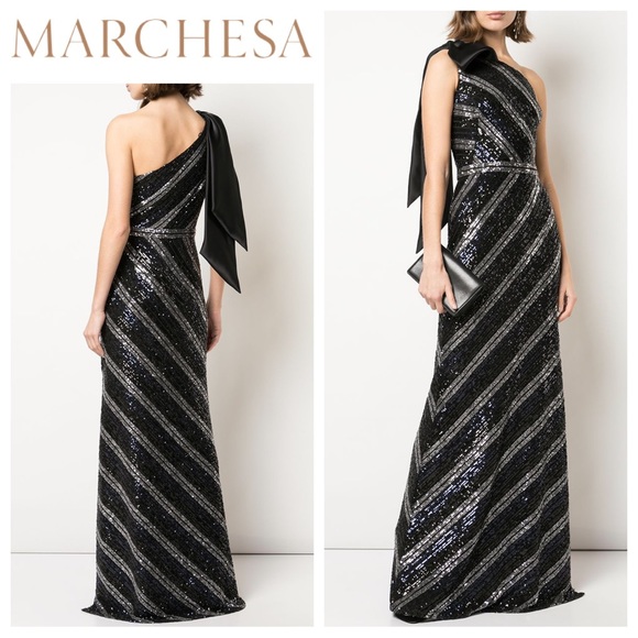 MARCHESA Sequin Multicolor Striped Bow-Shoulder Column Gown - Picture 1 of 5